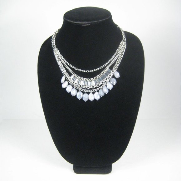 Silvertone Chain Necklace 18 Inch Multi Strand Bib Cluster Beaded Statement - Picture 2 of 8